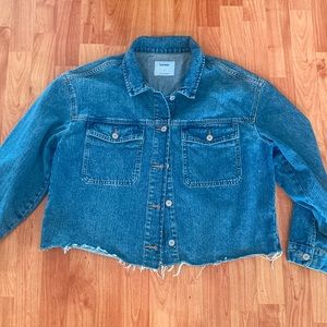 Women’s Old Navy Blue Denim Jean Cropped Jacket Raw Hem 100% Cotton Size Large
